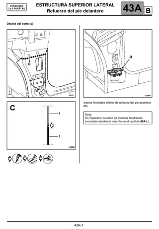 ESTRUCTURA SUPERIOR LATERAL
Refuerzo del pie delantero 43A
43A-7
VERSIONES
3 y 5 PUERTAS
Detalle del corte (b)
Inserto hinchable inferior de refuerzo del pie delantero
(D).
Nota:
Es imperativo sustituir los insertos hinchables
(consultar el método descrito en el capítulo 40A-L).
B
 