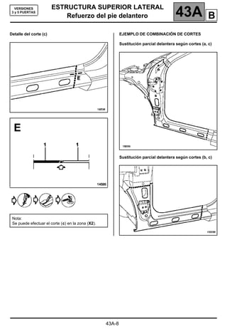 ESTRUCTURA SUPERIOR LATERAL
Refuerzo del pie delantero 43A
43A-8
VERSIONES
3 y 5 PUERTAS
Detalle del corte (c) EJEMPLO DE COMBINACIÓN DE CORTES
Sustitución parcial delantera según cortes (a, c)
Sustitución parcial delantera según cortes (b, c)
Nota:
Se puede efectuar el corte (c) en la zona (X2).
B
 