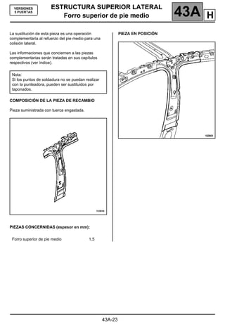 ESTRUCTURA SUPERIOR LATERAL
Forro superior de pie medio 43A
43A-23
VERSIONES
5 PUERTAS
Forro superior de pie medio
La sustitución de esta pieza es una operación
complementaria al refuerzo del pie medio para una
colisión lateral.
Las informaciones que conciernen a las piezas
complementarias serán tratadas en sus capítulos
respectivos (ver índice).
COMPOSICIÓN DE LA PIEZA DE RECAMBIO
Pieza suministrada con tuerca engastada.
PIEZAS CONCERNIDAS (espesor en mm):
PIEZA EN POSICIÓN
Nota:
Si los puntos de soldadura no se puedan realizar
con la punteadora, pueden ser sustituidos por
taponados.
Forro superior de pie medio 1,5
H
 