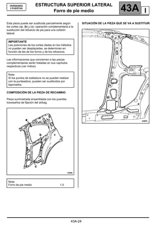 ESTRUCTURA SUPERIOR LATERAL
Forro de pie medio 43A
43A-24
VERSIONES
3 PUERTAS
Forro de pie medio
Esta pieza puede ser sustituida parcialmente según
los cortes (a), (b) y (c): operación complementaria a la
sustitución del refuerzo de pie para una colisión
lateral.
Las informaciones que conciernen a las piezas
complementarias serán tratadas en sus capítulos
respectivos (ver índice).
COMPOSICIÓN DE LA PIEZA DE RECAMBIO
Pieza suministrada ensamblada con los puentes
travesaños de fijación del airbag.
SITUACIÓN DE LA PIEZA QUE SE VA A SUSTITUIR
IMPORTANTE
Las posiciones de los cortes dadas en los métodos
no pueden ser desplazadas, se determinan en
función de las de los forros y de los refuerzos.
Nota:
Si los puntos de soldadura no se puedan realizar
con la punteadora, pueden ser sustituidos por
taponados.
Nota:
Forro de pie medio 1,5
I
 