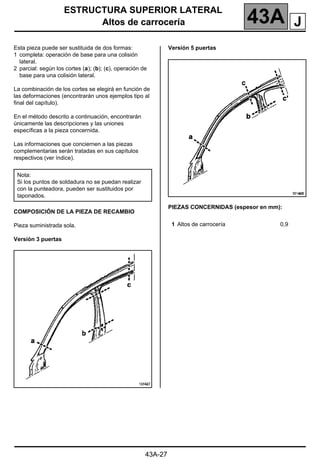 ESTRUCTURA SUPERIOR LATERAL
Altos de carrocería 43A
43A-27
Altos de carrocería
Esta pieza puede ser sustituida de dos formas:
1 completa: operación de base para una colisión
lateral.
2 parcial: según los cortes (a); (b); (c), operación de
base para una colisión lateral.
La combinación de los cortes se elegirá en función de
las deformaciones (encontrarán unos ejemplos tipo al
final del capítulo).
En el método descrito a continuación, encontrarán
únicamente las descripciones y las uniones
específicas a la pieza concernida.
Las informaciones que conciernen a las piezas
complementarias serán tratadas en sus capítulos
respectivos (ver índice).
COMPOSICIÓN DE LA PIEZA DE RECAMBIO
Pieza suministrada sola.
Versión 3 puertas
Versión 5 puertas
PIEZAS CONCERNIDAS (espesor en mm):
Nota:
Si los puntos de soldadura no se puedan realizar
con la punteadora, pueden ser sustituidos por
taponados.
1 Altos de carrocería 0,9
J
 