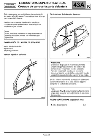ESTRUCTURA SUPERIOR LATERAL
Costado de carrocería parte delantera 43A
Costado de carrocería parte delantera
43A-32
VERSIONES
3 y 5 PUERTAS
Esta pieza puede ser sustituida parcialmente según
los cortes (a) y (b): operación complementaria al techo
para una colisión lateral.
Las informaciones que conciernen a las piezas
complementarias serán tratadas en sus capítulos
respectivos (ver índice).
COMPOSICIÓN DE LA PIEZA DE RECAMBIO
Pieza ensamblada con:
Eje soldado
Espárrago soldado
Versión 3 puertas y Société
Particularidad de la Versión 3 puertas
En una colisión importante, es necesario pedir como
suplemento el panel de la aleta trasera (2) para
completar el costado de carrocería.
PIEZAS CONCERNIDAS (espesor en mm):
Nota:
Si los puntos de soldadura no se puedan realizar
con la punteadora, pueden ser sustituidos por
taponados.
ATENCIÓN
El almacén de piezas de recambio suministra
únicamente partes delanteras del costado de
carrocería (1) versiones 3 puertas y société.
Para las versiones 5 puertas, es necesario
conservar la parte común de las versiones 3 puertas
y société (pies delanteros) y suprimir el pie medio.
Nota:
Las piezas (1) y (2) se suministran suficientemente
largas para asegurar un recubrimiento de las piezas
de recambio.
1 Altos de carrocería 0,8
K
 