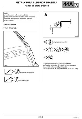 ESTRUCTURA SUPERIOR TRASERA
Panel de aleta trasera 44A
44A-3
Versión 5 puertas
Detalle del corte (b)
en pieza de recambio
en el vehículo
en pieza de recambio
Espaciamiento entre los puntos 60 mm
Realizar un cordón de masilla en el ángulo para
asegurar la estanquidad y el aspecto.
Utilizar masilla M. J. Pro (referencia: 77 11 172 676).
Nota:
A continuación, sólo encontrarán las
particularidades relativas a los cortes parciales,
siendo el resto idéntico al método descrito
anteriormente.
Edición 2
A
 