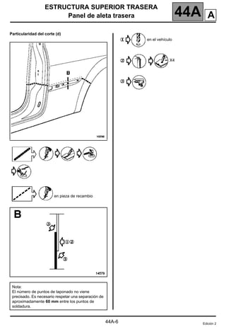 ESTRUCTURA SUPERIOR TRASERA
Panel de aleta trasera 44A
44A-6
Particularidad del corte (d)
en pieza de recambio
en el vehículo
X4
Nota:
El número de puntos de taponado no viene
precisado. Es necesario respetar una separación de
aproximadamente 60 mm entre los puntos de
soldadura.
Edición 2
A
 