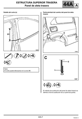 ESTRUCTURA SUPERIOR TRASERA
Panel de aleta trasera 44A
44A-7
Detalle del corte (e) Particularidad del cambio del panel de aleta
trasera
o
El método de sustitución del panel de aleta trasera es
idéntico al de la sustitución de un panel de puerta.
Nota:
El corte puede efectuarse en la zona X1.
Edición 2
A
 