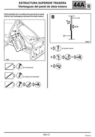 ESTRUCTURA SUPERIOR TRASERA
Vierteaguas del panel de aleta trasera 44A
Particularidad de la sustitución parcial de la parte
inferior del vierteaguas del panel de aleta trasera
en el vehículo
en pieza de recambio
en pieza nueva
X4
Edición 2
B
44A-13
 