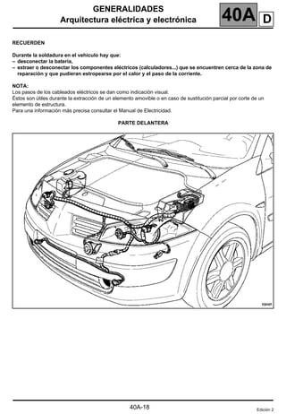 GENERALIDADES
Arquitectura eléctrica y electrónica 40A
GENERALIDADES
Arquitectura eléctrica y electrónica
RECUERDEN
Durante la soldadura en el vehículo hay que:
– desconectar la batería,
– extraer o desconectar los componentes eléctricos (calculadores...) que se encuentren cerca de la zona de
reparación y que pudieran estropearse por el calor y el paso de la corriente.
NOTA:
Los pasos de los cableados eléctricos se dan como indicación visual.
Éstos son útiles durante la extracción de un elemento amovible o en caso de sustitución parcial por corte de un
elemento de estructura.
Para una información más precisa consultar el Manual de Electricidad.
PARTE DELANTERA
Edición 2
40A-18
D
 