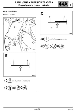 ESTRUCTURA SUPERIOR TRASERA
Paso de rueda trasero exterior 44A
44A-20
PIEZA EN POSICIÓN
Versión 3 puertas
en el vehículo y pieza nueva
en el vehículo y pieza nueva
Edición 2
E
 