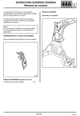 ESTRUCTURA SUPERIOR TRASERA
Refuerzo de custodia 44A
44A-33
Refuerzo de custodia
La sustitución de esta pieza es una operación
complementaria a la sustitución del forro de custodia
para un choque lateral o un vuelco.
Las informaciones que conciernen a las piezas
complementarias serán tratadas en sus capítulos
respectivos (ver índice).
COMPOSICIÓN DE LA PIEZA DE RECAMBIO
Pieza suministrada ensamblada con tuerca soldada.
PIEZAS CONCERNIDAS (espesor en mm):
PIEZA EN POSICIÓN
Versiones 3 y 5 puertas
Nota:
Si los puntos de soldadura no se pueden realizar
con la punteadora, pueden ser sustituidos por
taponados.
1 Paso de rueda trasero exterior 0,9
Edición 2
L
 
