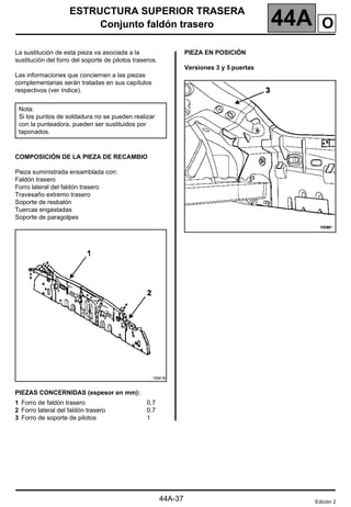 ESTRUCTURA SUPERIOR TRASERA
Conjunto faldón trasero 44A
44A-37
Conjunto faldón trasero
La sustitución de esta pieza va asociada a la
sustitución del forro del soporte de pilotos traseros.
Las informaciones que conciernen a las piezas
complementarias serán tratadas en sus capítulos
respectivos (ver índice).
COMPOSICIÓN DE LA PIEZA DE RECAMBIO
Pieza suministrada ensamblada con:
Faldón trasero
Forro lateral del faldón trasero
Travesaño extremo trasero
Soporte de resbalón
Tuercas engastadas
Soporte de paragolpes
PIEZAS CONCERNIDAS (espesor en mm):
PIEZA EN POSICIÓN
Versiones 3 y 5 puertas
Nota:
Si los puntos de soldadura no se pueden realizar
con la punteadora, pueden ser sustituidos por
taponados.
1 Forro de faldón trasero
2 Forro lateral del faldón trasero
3 Forro de soporte de pilotos
0,7
0,7
1
Edición 2
O
 