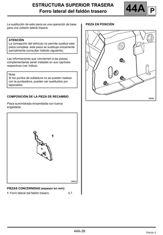 ESTRUCTURA SUPERIOR TRASERA
Forro lateral del faldón trasero 44A
44A-38
Forro lateral del faldón trasero
La sustitución de esta pieza es una operación de base
para una colisión lateral trasera.
Las informaciones que conciernen a las piezas
complementarias serán tratadas en sus capítulos
respectivos (ver índice).
COMPOSICIÓN DE LA PIEZA DE RECAMBIO
Pieza suministrada ensamblada con tuerca
engastada.
PIEZAS CONCERNIDAS (espesor en mm):
PIEZA EN POSICIÓN
ATENCIÓN
La concepción del vehículo no permite sustituir esta
pieza completa: esta pieza se sustituye únicamente
parcialmente (consultar método siguiente).
Nota:
Si los puntos de soldadura no se pueden realizar
con la punteadora, pueden ser sustituidos por
taponados.
1 Forro lateral del faldón trasero 0,7
Edición 2
P
 