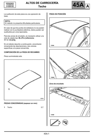 ALTOS DE CARROCERÍA
Techo 45A
ALTOS DE CARROCERÍA
Techo
45A-1
145A
VERSIONES
3 PUERTAS
5 PUERTAS
La sustitución de esta pieza es una operación de
base.
En caso de que los puntos de soldadura no se puedan
realizar con la punteadora eléctrica, éstos pueden ser
sustituidos por unos taponados.
Para las zonas de encolado, es necesario utilizar una
cola de calado tipo M.J.Pro (referencia:
77 11 172 676).
En el método descrito a continuación, encontrarán
únicamente las descripciones y las uniones
específicas a la pieza concernida.
COMPOSICIÓN DE LA PIEZA DE RECAMBIO
Pieza suministrada sola.
PIEZAS CONCERNIDAS (espesor en mm):
1 Techo 0,7
PIEZA EN POSICIÓN
Zona de encolado
NOTA:
El método no presenta dificultades particulares.
A
 