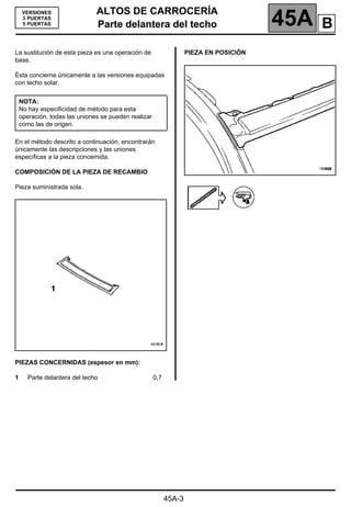 ALTOS DE CARROCERÍA
Parte delantera del techo 45A
Parte delantera del techo
45A-3
VERSIONES
3 PUERTAS
5 PUERTAS
La sustitución de esta pieza es una operación de
base.
Ésta concierne únicamente a las versiones equipadas
con techo solar.
En el método descrito a continuación, encontrarán
únicamente las descripciones y las uniones
específicas a la pieza concernida.
COMPOSICIÓN DE LA PIEZA DE RECAMBIO
Pieza suministrada sola.
PIEZAS CONCERNIDAS (espesor en mm):
1 Parte delantera del techo 0,7
PIEZA EN POSICIÓN
NOTA:
No hay especificidad de método para esta
operación, todas las uniones se pueden realizar
como las de origen.
B
 