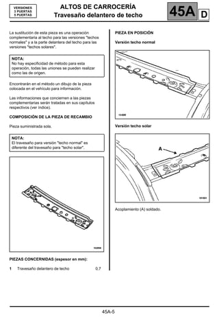 ALTOS DE CARROCERÍA
Travesaño delantero de techo 45A
Travesaño delantero de techo
45A-5
VERSIONES
3 PUERTAS
5 PUERTAS
La sustitución de esta pieza es una operación
complementaria al techo para las versiones "techos
normales" y a la parte delantera del techo para las
versiones "techos solares".
Encontrarán en el método un dibujo de la pieza
colocada en el vehículo para información.
Las informaciones que conciernen a las piezas
complementarias serán tratadas en sus capítulos
respectivos (ver índice).
COMPOSICIÓN DE LA PIEZA DE RECAMBIO
Pieza suministrada sola.
PIEZAS CONCERNIDAS (espesor en mm):
1 Travesaño delantero de techo 0,7
PIEZA EN POSICIÓN
Versión techo normal
Versión techo solar
Acoplamiento (A) soldado.
NOTA:
No hay especificidad de método para esta
operación, todas las uniones se pueden realizar
como las de origen.
NOTA:
El travesaño para versión "techo normal" es
diferente del travesaño para "techo solar".
D
 
