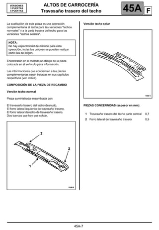 ALTOS DE CARROCERÍA
Travesaño trasero del techo 45A
Travesaño trasero del techo
45A-7
VERSIONES
3 PUERTAS
5 PUERTAS
La sustitución de esta pieza es una operación
complementaria al techo para las versiones "techos
normales" y a la parte trasera del techo para las
versiones "techos solares".
Encontrarán en el método un dibujo de la pieza
colocada en el vehículo para información.
Las informaciones que conciernen a las piezas
complementarias serán tratadas en sus capítulos
respectivos (ver índice).
COMPOSICIÓN DE LA PIEZA DE RECAMBIO
Versión techo normal
Pieza suministrada ensamblada con:
El travesaño trasero del techo desnudo,
El forro lateral izquierdo de travesaño trasero,
El forro lateral derecho de travesaño trasero,
Dos tuercas que hay que soldar.
Versión techo solar
PIEZAS CONCERNIDAS (espesor en mm):
NOTA:
No hay especificidad de método para esta
operación, todas las uniones se pueden realizar
como las de origen.
1 Travesaño trasero del techo parte central 0,7
2 Forro lateral de travesaño trasero 0,9
F
 