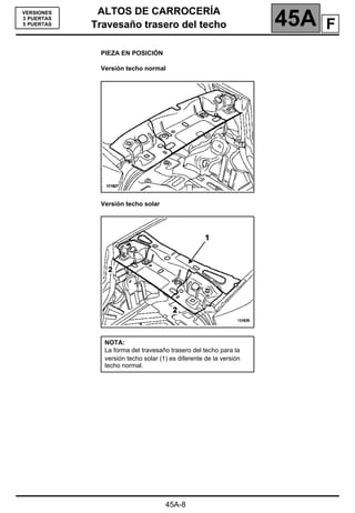 ALTOS DE CARROCERÍA
Travesaño trasero del techo 45A
Travesaño trasero del techo
45A-8
VERSIONES
3 PUERTAS
5 PUERTAS
PIEZA EN POSICIÓN
Versión techo normal
Versión techo solar
NOTA:
La forma del travesaño trasero del techo para la
versión techo solar (1) es diferente de la versión
techo normal.
F
 