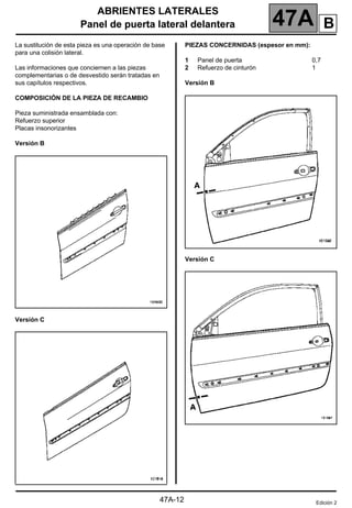 ABRIENTES LATERALES
Panel de puerta lateral delantera 47A
47A-12
Panel de puerta lateral delantera
La sustitución de esta pieza es una operación de base
para una colisión lateral.
Las informaciones que conciernen a las piezas
complementarias o de desvestido serán tratadas en
sus capítulos respectivos.
COMPOSICIÓN DE LA PIEZA DE RECAMBIO
Pieza suministrada ensamblada con:
Refuerzo superior
Placas insonorizantes
Versión B
Versión C
PIEZAS CONCERNIDAS (espesor en mm):
1 Panel de puerta 0,7
2 Refuerzo de cinturón 1
Versión B
Versión C
Edición 2
B
 