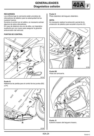GENERALIDADES
Diagnóstico colisión 40A
40A-24
RECUERDEN
Los orificios bajo la carrocería están provistos de
obturadores de plástico para la estanquidad de los
cuerpos huecos.
Durante el control con el calibre, es necesario extraer
algunos de estos obturadores.
En caso de deterioro de uno de ellos, es imperativo
sustituirlo por uno nuevo para asegurar la garantía
anticorrosión del vehículo.
PUNTOS DE CONTROL
Punto G
Referencia de partida para el control de los puntos (B3)
y (H).
Punto H
Piloto delantero del larguero delantero.
NOTA:
Es necesario realizar la extracción parcial de la
protección de plástico para acceder al punto (H).
Punto B3
Piloto de carrocería.
Punto J1
Extremo trasero del larguero trasero.
Edición 2
F
 