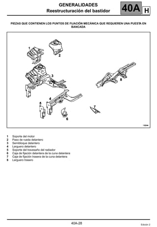 GENERALIDADES
Reestructuración del bastidor 40A
40A-28
Reestructuración del bastidor
PIEZAS QUE CONTIENEN LOS PUNTOS DE FIJACIÓN MECÁNICA QUE REQUIEREN UNA PUESTA EN
BANCADA
1 Soporte del motor
2 Paso de rueda delantero
3 Semibloque delantero
4 Larguero delantero
5 Soporte del travesaño del radiador
6 Caja de fijación delantera de la cuna delantera
7 Caja de fijación trasera de la cuna delantera
8 Larguero trasero
Edición 2
H
 