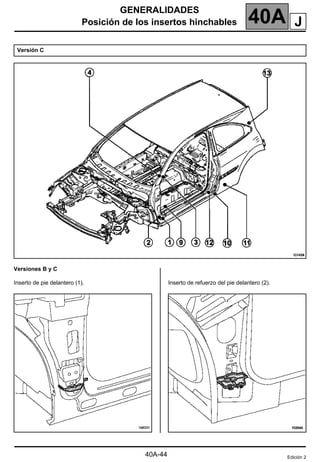GENERALIDADES
Posición de los insertos hinchables 40A
Versiones B y C
Inserto de pie delantero (1). Inserto de refuerzo del pie delantero (2).
Versión C
Edición 2
J
40A-44
 