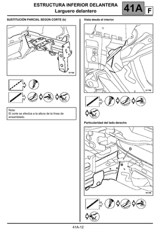 ESTRUCTURA INFERIOR DELANTERA
Larguero delantero 41A
41A-12
SUSTITUCIÓN PARCIAL SEGÚN CORTE (b) Vista desde el interior
Particularidad del lado derecho
Nota:
El corte se efectúa a la altura de la línea de
ensamblado.
F
 