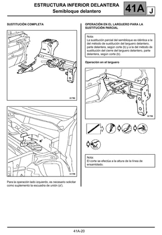ESTRUCTURA INFERIOR DELANTERA
Semibloque delantero 41A
41A-20
SUSTITUCIÓN COMPLETA
Para la operación lado izquierdo, es necesario solicitar
como suplemento la escuadra de unión (a').
OPERACIÓN EN EL LARGUERO PARA LA
SUSTITUCIÓN PARCIAL
Operación en el larguero
Nota:
La sustitución parcial del semibloque es idéntica a la
del método de sustitución del larguero delantero,
parte delantera, según corte (b) y a la del método de
sustitución del cierre del larguero delantero, parte
delantera, según corte (b).
Nota:
El corte se efectúa a la altura de la línea de
ensamblado.
J
 