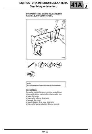 ESTRUCTURA INFERIOR DELANTERA
Semibloque delantero 41A
41A-22
OPERACIÓN EN EL CIERRE DEL LARGUERO
PARA LA SUSTITUCIÓN PARCIAL
RECUERDEN:
Consultar los capítulos concernidos para obtener
información sobre los métodos relacionados con:
el paso de rueda,
el travesaño extremo delantero,
el soporte del motor,
el cajetín trasero de la cuna delantera,
el travesaño lateral delantero del piso central.
Nota:
El corte se efectúa en la línea de ensamblado.
J
 