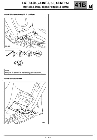 ESTRUCTURA INFERIOR CENTRAL
Travesaño lateral delantero del piso central 41B A
41B-5
Sustitución parcial según el corte (a)
Sustitución completa
Nota:
El corte se efectúa a ras del larguero delantero.
B
 