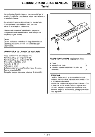 ESTRUCTURA INFERIOR CENTRAL
Túnel 41B A
41B-6
Túnel
La sustitución de esta pieza es complementaria a la
sustitución del piso central parte lateral completa para
una colisión lateral.
En el método descrito a continuación, encontrarán
únicamente las descripciones y las uniones
específicas a la pieza concernida.
Las informaciones que conciernen a las piezas
complementarias serán tratadas en sus capítulos
respectivos (ver índice).
COMPOSICIÓN DE LA PIEZA DE RECAMBIO
Pieza suministrada ensamblada con:
Tornillo que hay que engastar M-25
Tornillo que hay que engastar M6-40
Travesaño central bajo túnel
Remache G 4,8-12
Refuerzo de túnel
Deflector soporte travesaño columna de dirección
Tuerca engastada M8
Escuadra soporte travesaño columna de dirección
PIEZAS CONCERNIDAS (espesor en mm):
Nota:
Si los puntos de soldadura no se pueden realizar
con la punteadora, pueden ser sustituidos por
taponados.
1 Túnel
2 Refuerzo del túnel
3 Deflector soporte travesaño columna de
dirección
1
1,6
1,3
ATENCIÓN
La pieza de recambio se entrega junto con el
deflector del soporte de columna versión dirección a
la izquierda únicamente.
En caso de un vehículo equipado con la dirección a
la derecha, es necesario pedir un soporte de la
columna de dirección derecho, disponible en el
almacén de pieza de recambio, y desgrapar el del
lado izquierdo.
C
 