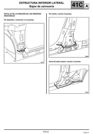 41C
ESTRUCTURA INFERIOR LATERAL
Bajos de carrocería
41C-2
DETALLE DE LA POSICIÓN DE LOS INSERTOS
HINCHABLES
Pie delantero, versiones 3 y 5 puertas
Pie medio, versión 5 puertas
Panel de aleta trasera, versión 3 puertas
Edición 2
A
 