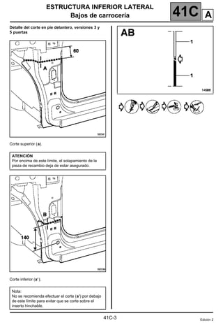 41C
ESTRUCTURA INFERIOR LATERAL
Bajos de carrocería
41C-3
Detalle del corte en pie delantero, versiones 3 y
5 puertas
Corte superior (a).
Corte inferior (a’).
ATENCIÓN
Por encima de este límite, el solapamiento de la
pieza de recambio deja de estar asegurado.
Nota:
No se recomienda efectuar el corte (a’) por debajo
de este límite para evitar que se corte sobre el
inserto hinchable.
Edición 2
A
 