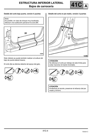 41C
ESTRUCTURA INFERIOR LATERAL
Bajos de carrocería
41C-4
Detalle del corte bajo puerta, versión 5 puertas
Este método se puede también realizar a la altura del
bajo de puerta lateral trasera.
El corte (b) se efectúa delante del apoyo del gato.
Detalle del corte en pie medio, versión 3 puertas
Nota:
Es posible, en caso de choque muy localizado,
efectuar una sustitución parcial en la zona X1.
101966
ATENCIÓN
No efectuar el corte por debajo de este límite para
evitar manchar el inserto hinchable.
ATENCIÓN
Al efectuar el recorte, preservar el refuerzo del pie
medio y el forro.
Edición 2
A
 
