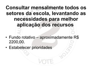 Consultar mensalmente todos os setores da escola, levantando as necessidades para melhor aplicação dos recursos  Fundo rotativo – aproximadamente R$ 2200,00. Estabelecer prioridades 