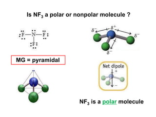 Is NF3 a polar or nonpolar molecule ?
MG = pyramidal
NF3 is a polar molecule
 