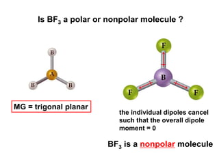 Is BF3 a polar or nonpolar molecule ?
MG = trigonal planar
the individual dipoles cancel
such that the overall dipole
moment = 0
BF3 is a nonpolar molecule
 