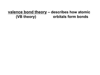 valence bond theory – describes how atomic
(VB theory) orbitals form bonds
 