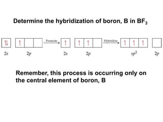Remember, this process is occurring only on
the central element of boron, B
Determine the hybridization of boron, B in BF3
 