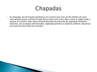    As chapadas são formações geológicas em arenito com mais de 60 milhões de anos,
    com paredes quase a prumo e topo plano como uma mesa, dão o nome à região onde o
    parque se encontra. Nos topos horizontalizados há presença de vegetação herbáceo-
    arbustiva, nas escarpas verticalizadas, vegetação pioneira e espécies arbóreo-arbustivas
    nas áreas de talus (base da escarpa).
 