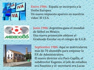 Enero 1986:  España se incorpora a la Unión Europea.Un nuevo impuesto aparece en nuestras vidas: El I.V.A.Junio 1986: Argentina gana el mundial de fútbol en México. Una nueva promoción obtiene el Graduado Escolar en el colegio de E.G.B.Septiembre 1986: Aquí se matricularon más de 70 alumn@s para empezar la F.P. de Administrativo. El nuevo director era Paco Capilla, el subdirector Eugenio, el jefe de estudios era Faustino y el  secretario era Lucas