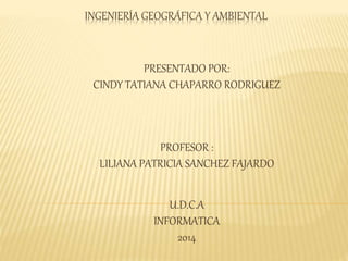 INGENIERÍA GEOGRÁFICA Y AMBIENTAL
PRESENTADO POR:
CINDY TATIANA CHAPARRO RODRIGUEZ
PROFESOR :
LILIANA PATRICIA SANCHEZ FAJARDO
U.D.C.A
INFORMATICA
2014
 