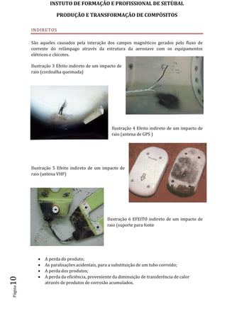 INSTUTO DE FORMAÇÂO E PROFISSIONAL DE SETÙBAL
PRODUÇÃO E TRANSFORMAÇÂO DE COMPÓSITOSPágina10
INDIRETOS
São aqueles causados pela interação dos campos magnéticos gerados pelo fluxo de
corrente do relâmpago através da estrutura da aeronave com os equipamentos
elétricos e chicotes.
Ilustração 3 Efeito indireto de um impacto de
raio (cordoalha queimada)
Ilustração 4 Efeito indireto de um impacto de
raio (antena de GPS )
Ilustração 5 Efeito indireto de um impacto de
raio (antena VHF)
Ilustração 6 EFEITO indireto de um impacto de
raio (suporte para fonte
 A perda do produto;
 As paralisações acidentais, para a substituição de um tubo corroído;
 A perda dos produtos;
 A perda da eficiência, proveniente da diminuição de transferência de calor
através de produtos de corrosão acumulados.
 