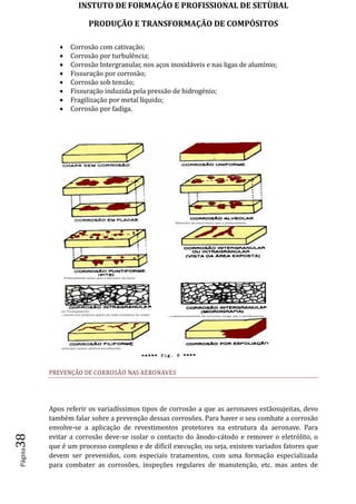 INSTUTO DE FORMAÇÂO E PROFISSIONAL DE SETÙBAL
PRODUÇÃO E TRANSFORMAÇÂO DE COMPÓSITOSPágina38
 Corrosão com cativação;
 Corrosão por turbulência;
 Corrosão Intergranular, nos aços inoxidáveis e nas ligas de alumínio;
 Fissuração por corrosão;
 Corrosão sob tensão;
 Fissuração induzida pela pressão de hidrogénio;
 Fragilização por metal líquido;
 Corrosão por fadiga.
PREVENÇÃO DE CORROSÃO NAS AERONAVES
Apos referir os variadíssimos tipos de corrosão a que as aeronaves estãosujeitas, devo
também falar sobre a prevenção dessas corrosões. Para haver o seu combate a corrosão
envolve-se a aplicação de revestimentos protetores na estrutura da aeronave. Para
evitar a corrosão deve-se isolar o contacto do ânodo-cátodo e remover o eletrólito, o
que é um processo complexo e de difícil execução, ou seja, existem variados fatores que
devem ser prevenidos, com especiais tratamentos, com uma formação especializada
para combater as corrosões, inspeções regulares de manutenção, etc. mas antes de
 