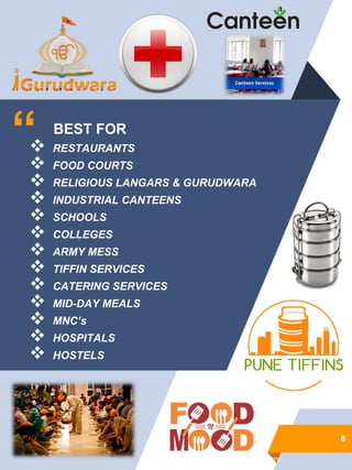 “
88
BEST FOR
 RESTAURANTS
 FOOD COURTS
 RELIGIOUS LANGARS & GURUDWARA
 INDUSTRIAL CANTEENS
 SCHOOLS
 COLLEGES
 ARMY MESS
 TIFFIN SERVICES
 CATERING SERVICES
 MID-DAY MEALS
 MNC’s
 HOSPITALS
 HOSTELS
 