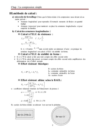 Chap : La compression simple
2
III.méthode de calcul :
a) nécessite de ferraillage :bien que le béton résiste à la compression nous devant né au
moins prévoir :
 Armature longitudinal pour reprendre d’éventuels moments de flexion en quantité
négligé.
 Armature transversal pour maintenir en place les armatures longitudinales et pour
empêché de flambée
b) Calcul des armatures longitudinales :
 Calcul à l’ELU de résistance :
b
c
bu
f
f

28*85.0
 /
s
e
sc
f
f


sc
buU
s
f
fBN
A
*
 ;
Si 0sA mettre
0sA
mais en doit mettre un minimum d’acier ; en pratique les
armature longitudinal son calcul à l’ELU de stabilité de forme.
 Calcul à l’ELU de stabilité de forme :
 Si 70 le calcul se fait sans tenir compte des effets second ordre
 Si 70 le calcul plus pressé en tenant compte des effets second ordre amplification des
déformations du à l’effort normale
 Effort résistant théorique:
scSbuU fAfBN ** 
 Effort résistant ultime selon le BAEL:






 scS
b
cr
U fA
fB
N *
*9.0
*
* 28


α : coefficient réducteur fonction de l’élancement du poteau ʎ
2
35
2.01
85.0









 si 500  
2
35
60.0 







 si 7050  
Br : section du béton réduite en enlevant 1cm sur tout le périmètre
B : section du béton
fbu : contrainte admissible du béton
fsc : contrainte admissible du l’acier
As : section d’acier
Br=(b-2)*(b-2)
Br=π(r-1)2
 