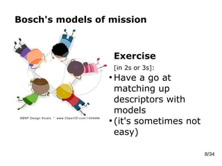Bosch's models of mission
8/34
Exercise
[in 2s or 3s]:
●
Have a go at
matching up
descriptors with
models
●
(it's sometimes not
easy)
 