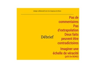 Pas de
commentaires
Pas
d’extrapolation
Deux faits
peuvent être
contradictoires
Imaginer une
échelle de véracité
(p55 De BONO)	
 