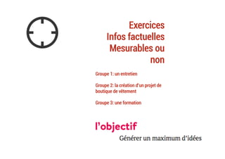 Exercices
Infos factuelles
Mesurables ou
non
Groupe 1: un entretien
Groupe 2: la création d’un projet de
boutique de vêtement
Groupe 3: une formation
	
 