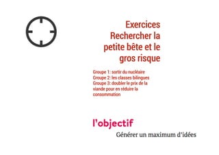 Exercices
Rechercher la
petite bête et le
gros risque
Groupe 1: sortir du nucléaire
Groupe 2: les classes bilingues
Groupe 3: doubler le prix de la
viande pour en réduire la
consommation
	
 