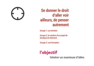 Se donner le droit
d’aller voir
ailleurs, de penser
autrement
Groupe 1: un entretien
Groupe 2: la création d’un projet de
boutique de vêtement
Groupe 3: une formation
	
 