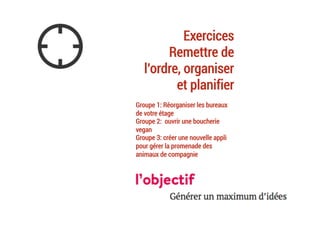 Exercices
Remettre de
l’ordre, organiser
et planifier
Groupe 1: Réorganiser les bureaux
de votre étage
Groupe 2: ouvrir une boucherie
vegan
Groupe 3: créer une nouvelle appli
pour gérer la promenade des
animaux de compagnie	
 